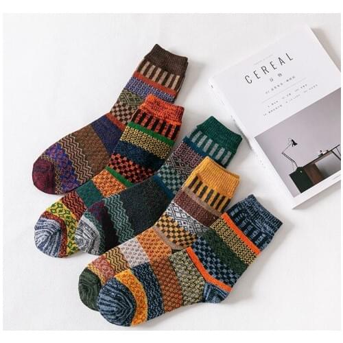 ZTOET Brand Business Men Wool Socks Thicken Mens Socks Warm Retro National Style Small Square For Snow boots 5 Pairs / Lot