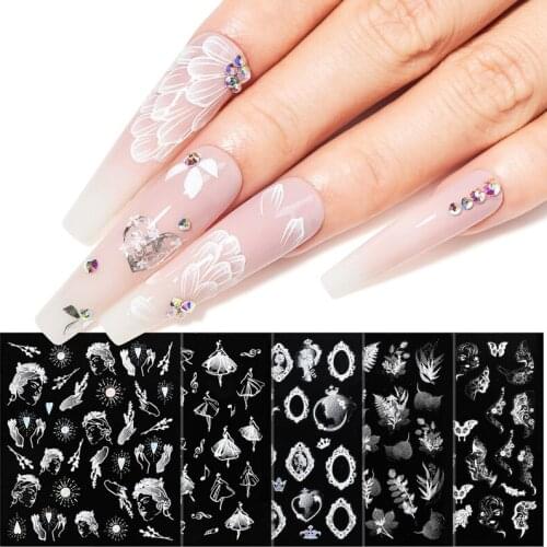 5D White Nail Sticker Rose Feather Engraved Embosse Design Transfer Decals Slider Wraps DIY Nail Art Decoration