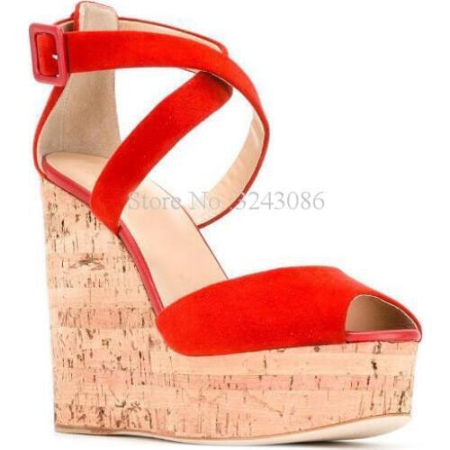 Red Suede Cross Strap Wedge Platform Sandals Women Fashion Peep Toe Wood Grain Wedge Heel Shoes Lady Large Size Sweet Party Shoe