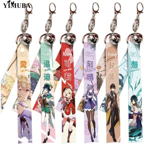 Game Genshin Impact Streamer Keychain Diluc Klee Venti Keqing Zhongli Cartoon Webbing Keyring Cosplay Backpack Bell Bag Pendant