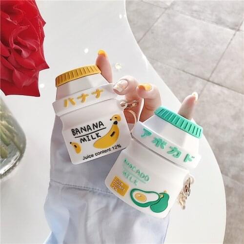 Cute Fruits Milk Bottle Earphone Case Silicone Kawaii Peach Bottle Wireless Bluetooth Protective Cover Keychain For Airpods 1 2