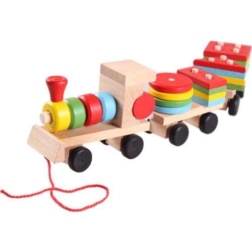 2021 New Small Wooden Train And Dragging Three Carriage Geometric Shape Matching Pair of Pillars Baby Educational Toys Vehicles