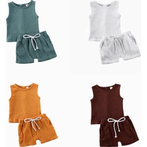 1-4 Years Unisex Baby Summer Outfits Cotton Linen Baby Girls Clothes Set Sleeveless Vest Tops Shorts Casual 2pcs Boys Suits