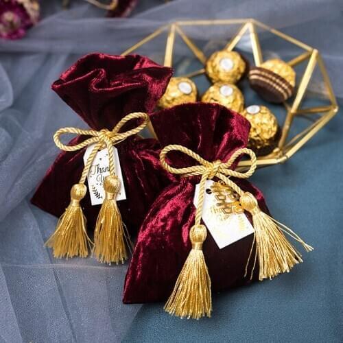 BABY party Banquet gift flannelette bag tassel wedding product flannel bag tassel wedding candy box European metal joy Candy Bag