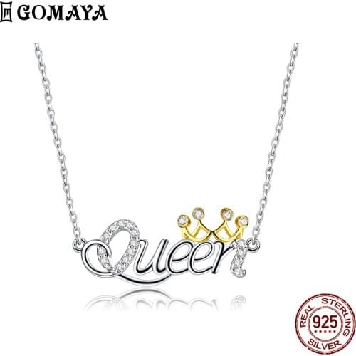 GOMAYA 925 Sterling Silver Necklace For Women Queen Letter Pendant Necklaces Wear Golden Crown Girlfriend Gifts Fine Jewelry