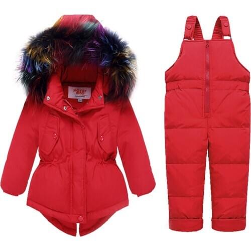 Toddler Girl Winter Clothes -25 Degree Warm Ski Suit Fur Hooded Coat + Overall Jumpsuit Snow Children Suit Windproof Waterproof