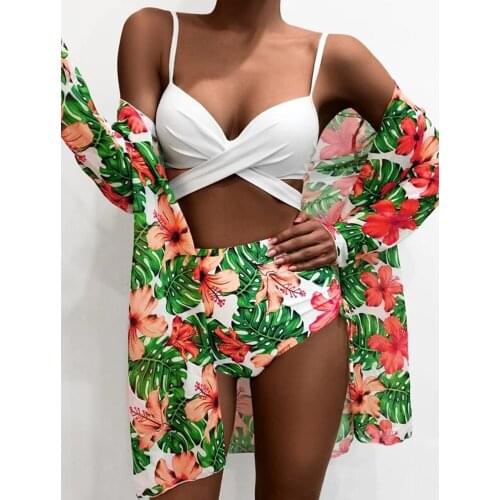 Printed Bikini Set Beach Cover Up Women High Waist Swimsuit Female 2021 Sexy Cross Push Up Bikini Swimwear Bather Bathing Suits