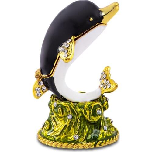 H&D Hand-Painted Dolphin Trinket Box Enameled Animal Figurine Collectible Jewelry Storage Ring Holder Unique Gift for Home Decor