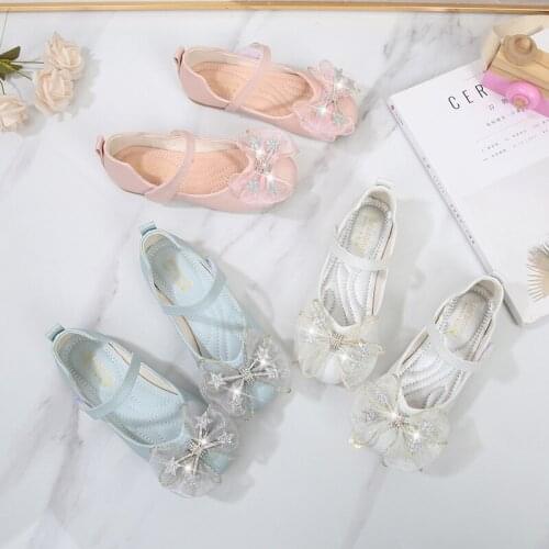 Girls' Leather Shoes 2021 New Soft-soled Princess Shoes Mesh Bow-knot Girl Performance Shoes for Party Flats Crystal for Wedding