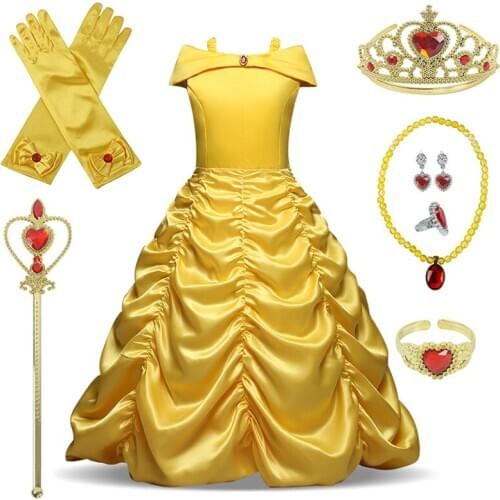 Cosplay Belle Princess Dress Girls Dresses For Beauty and The Beast Kids Party Clothing Magic Stick Crown Children Costume 4-10Y