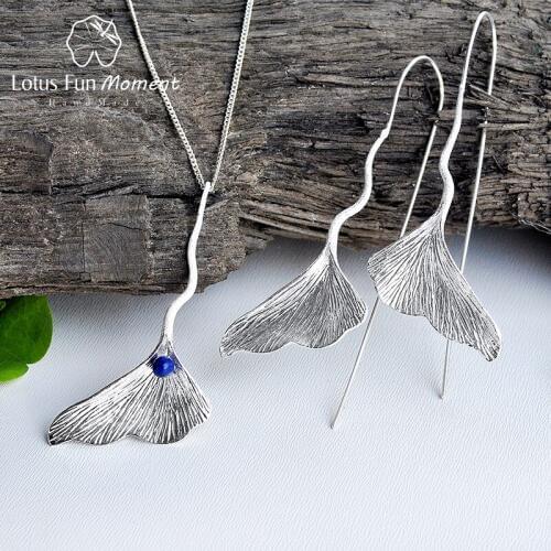 Lotus Fun Moment Real 925 Sterling Silver Natural Stone Handmade Fashion Jewelry Ginkgo Leaf Jewelry Set for Women