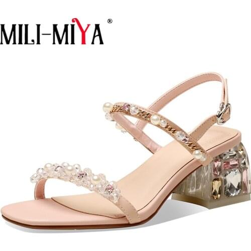 MILI-MIYA Fashion Square Heels Plus Size 34-43 Women Cow Leather Sandals String Bead Ankle Wrap Buckle Strap Dress Party Summer