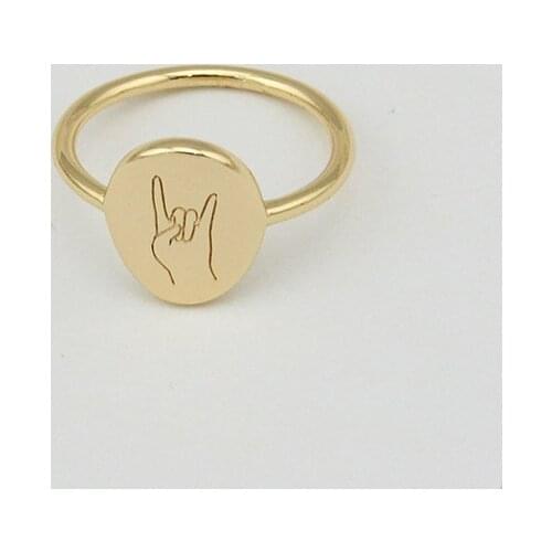 Minimalist Oval Gold Plated Engraved Rock on Gesture Finger Ring for Women Custom Ring Jewelry