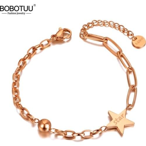 BOBOTUU Fashion Titanium Stainless Steel Star & Ball Charm Bracelets For Women Girls Bohemia Chain Link Party Bracelet BB20173