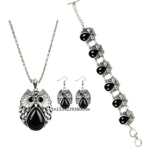 A Set Retro Turquoise Owl Jewelry Sets Pendant Earring Bracelet Necklace Fashion Handmade Amulet Gifts Her Woman