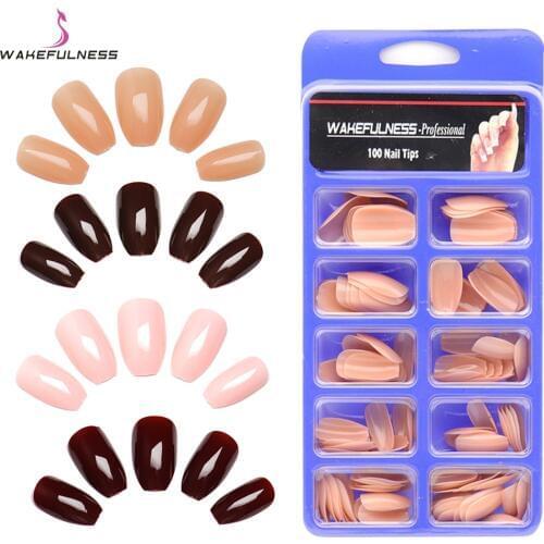 100pc/box Burgundy Coffin False Nail Tips Brown Purple Pink Artificial Nails Full Cover Ballerina Faux Ongles Fake Nail Tips
