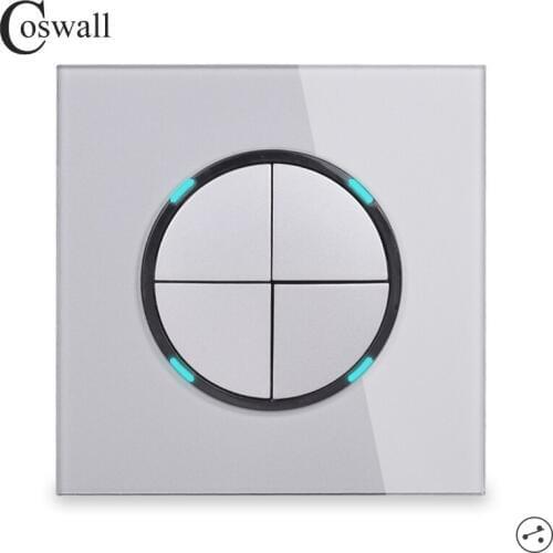 Coswall 4 Gang 2 Way Random Click On / Off Wall Light Switch LED Indicator Pass Through Switch Switched Glass Panel Grey Gray