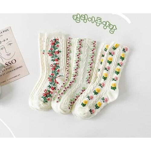 Flower Embroidery Tube Socks Kids Toddlers Girls Knitt Knee High Quality Long Soft Cotton Lace Baby Sock Children Calcetines