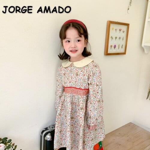 2021 New Korean Style Spring Girls Dress Elastic Waist Peter Pan Collar Floral Princess Dresses Children Clothes E641