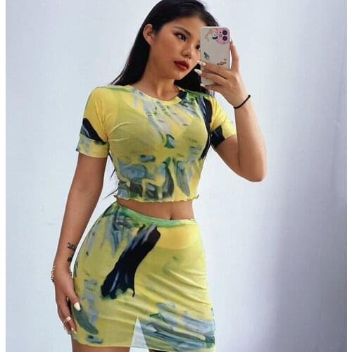 2021 Summer New Sexy Print Two-Piece Suit European and American Fashion Short-Sleeved Casual Bag Hip Skirt Suit