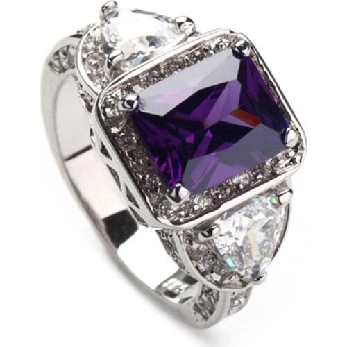 Fleure Esme Engagement wedding rings for men and women Cute Rainbow Purple Cubic Zirconia Rhodium Plated R379 R3318 size 6 7 8 9