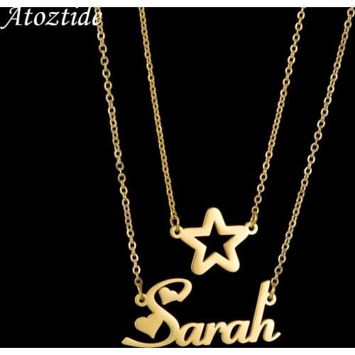 Atoztide Customized Name Necklace Star Choker Stainless Steel Personalized Letter Double Layers Pendant Jewelry for Women Gift
