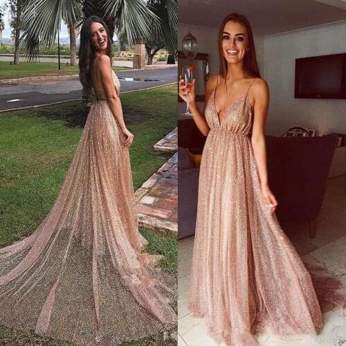 Champagne Sexy A Line Prom Dresses Deep V Neck Spaghetti Straps Sequined Pleats Formal Dress Evening Gowns Vestidos De Noiva