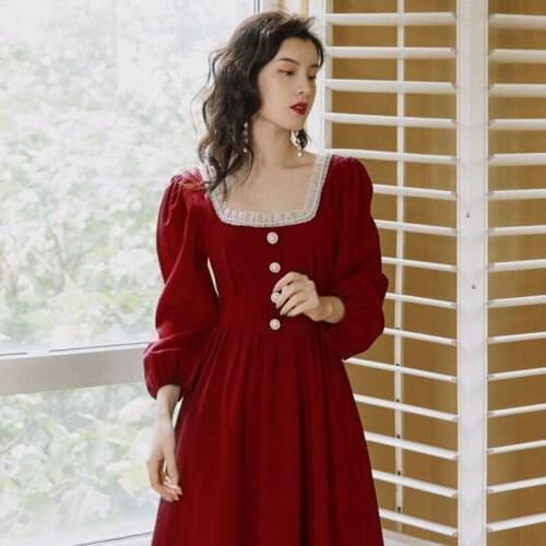 Elegant Women Long Dress 2021 Spring Vintage Beading Square Collar Full Sleeve Black & Burgundy Party Night Dinner Dresses Femme