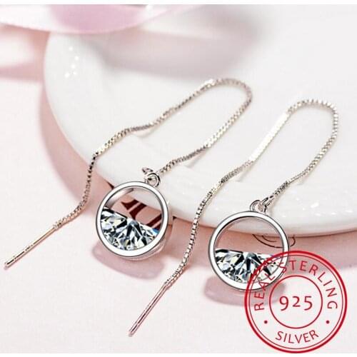 925 Sterling Silver Dazzling CZ Zirconia Charm Round Drop Earrings For Women Long Tassel Earrings Ear Line pendientes S-E492