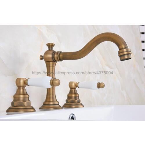 Antique Brass bathroom faucet for hot and cold Mixer tap Sink faucet Double handle 3 hole bathroom basin faucet Nan073