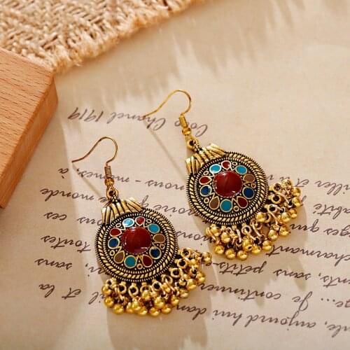 Bohemian Unique Pendant Earrings Alloy Geometric Design Gold Color Round Pendant Small Copper Beads Tassel Earrings 2020 Jewelry