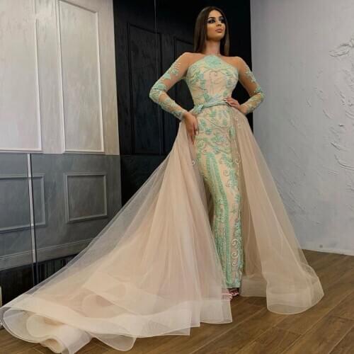 Vintage Champagne Lace Mermaid Evening Dresses 2021 With Detachable Train Modest Full Sleeves Beaded Prom Gowns