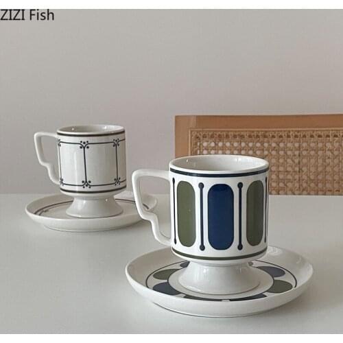 Retro Tall Mug with Saucer Ceramic Breakfast Milk Cup Couple Afternoon Tea Coffee Cup Set Nordic Style Home Decoration Drinkware
