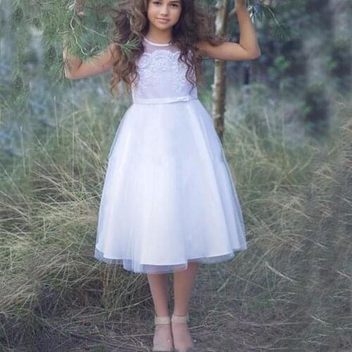 YiMinpwp White Flower Girl Dresses for Weddings Jewel Tea length Appliques Bow Child Birthday Party Gowns First Communion Dress