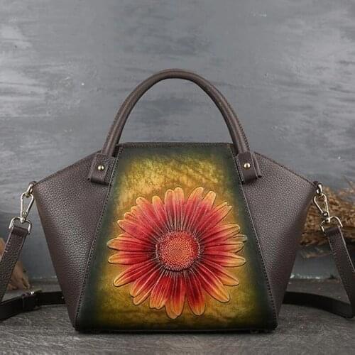 High Quality Genuine Leather Handmade Embossing Handbag 2021 Summer Female Large Crossbody Bags Retro Cowhide Totes Shoulder Bag