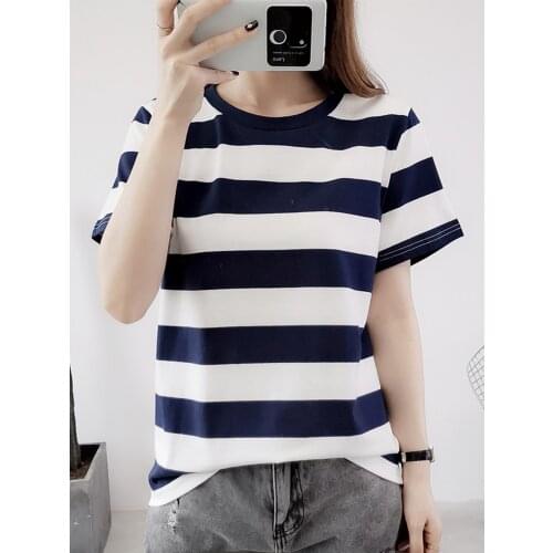 Women Striped T-Shirts Classical Vintage Cotton Fashion Chic Elegant Loose Thin All-Match O-Neck Short Sleeve Comfortable Tees
