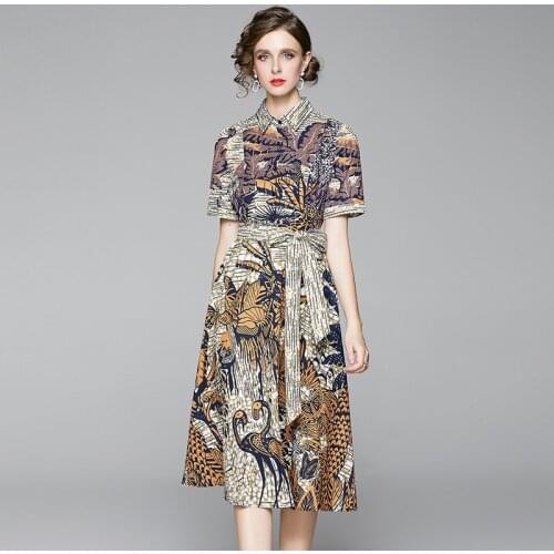 Fashion Vintage Women Lapel Collar Short Sleeve Summer Dresses Runway Femme Lace Up Bow Print Casual Midi Dress Robe Vestidos