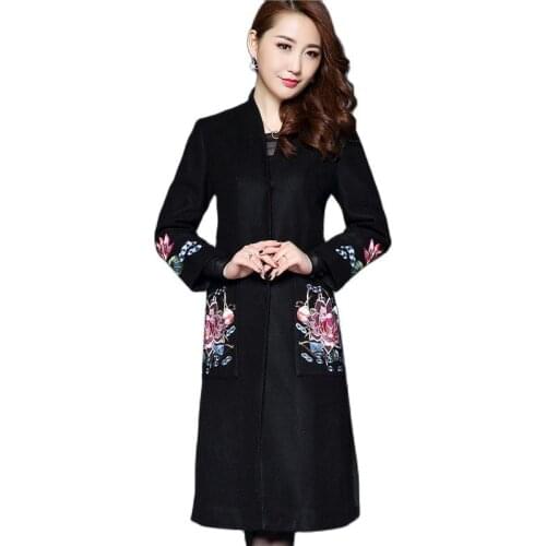 Womens Embroidered Fashion Woolen Coat Thicken Long Style Knee Length Female Jacquard Overcoat Black Floral Pattern Windbreaker