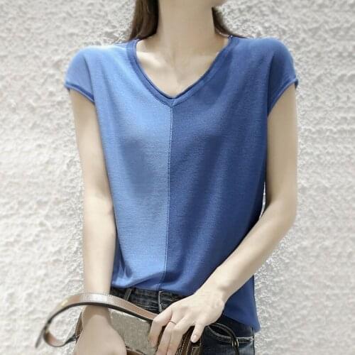 2021 Tops Female Short Sleeve Ice Silk Knit T-Shirt V-Neck Assorted Colors Loose-Fittting Casual Pullover Womans Clothing