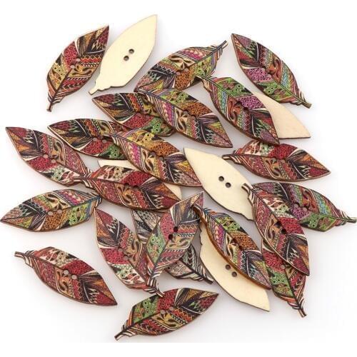 50Pcs 15*42mm Mix Color Bohemia Style Leaf Shape Wooden Button With 2 Holes Scrapbooking For Sewing Clothes DIY Handmade Craft