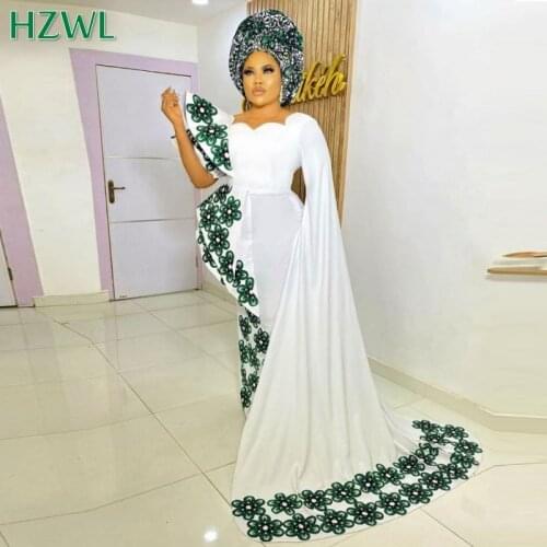 Saudi Arabia White Evening Dresses With Green Lace Appliques Long Sleeves Sweep Train Dubai Prom Gowns Women Formal Vestidos