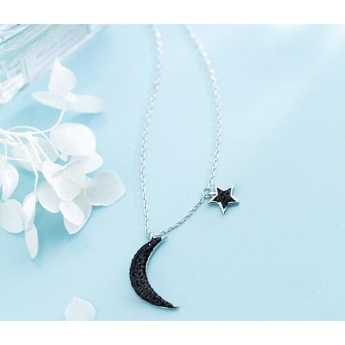 MloveAcc New Arrival Fashion 925 Sterling Silver Black Moon and Star Tales Chain Link Pendant Necklaces for Women Jewelry