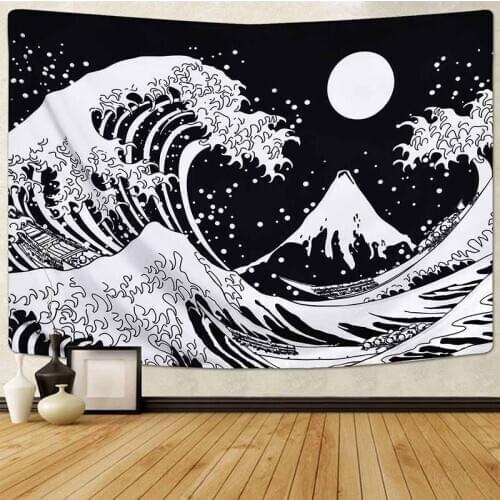 Black White Landscape Ocean Wave Tapestry Wall Hanging Hippie Tapestry Wall Carpets Backdrop ArtDecor Bedspread Thin Beach Towel