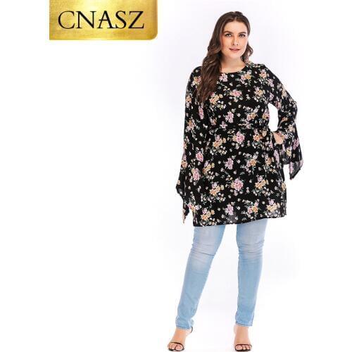 Long tops islamic clothing floral short dress with belt Irregular long sleeve plus size women clothing