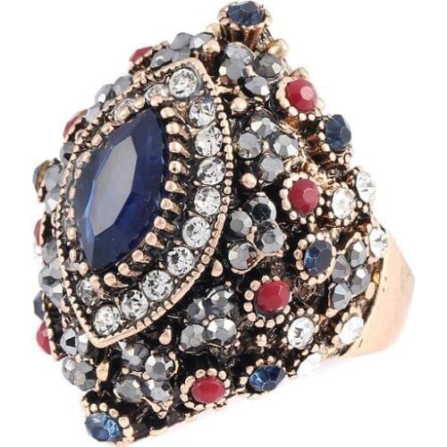WYJZY Inlaid red blue crystal ethnic style ring bohemian ethnic style ladies retro jewelry party anniversary birthday gift ring