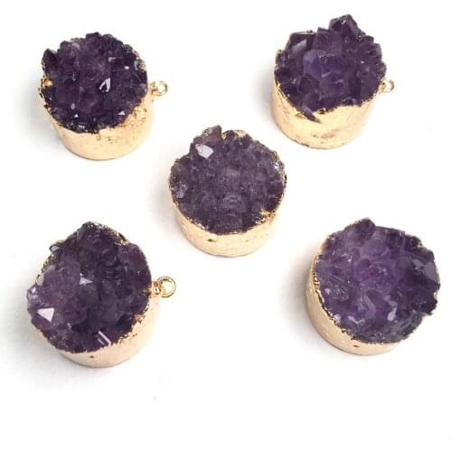1PC Round Natural Agates Stone Charms Pendants Amethysts Tooth Gold-plated Jewelry Making Nacklace Bracelets 25x30mm