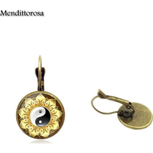 Mendittorosa Yin Yang Fish Taiji Glass Cabochon Bronze/Silver/Golden Clip Ear Hook Drop Earrings For Women