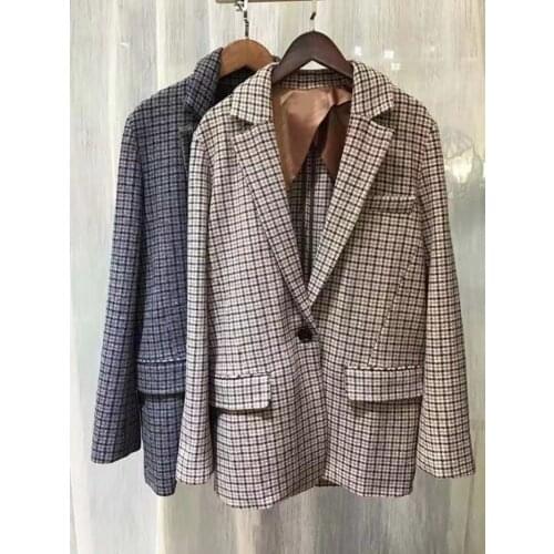 2021 Autumn Winter New Womens Plaid Coat Notched Casual Single Button Long Sleeve Office Slim Lady Suit Female Loose Jacket