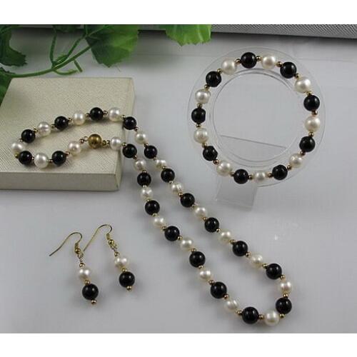 Black Agates Round Freshwater Cultured Choker Pearl Necklace For Girl Real Pearl Necklace Bracelet Earrings Jewelry Set