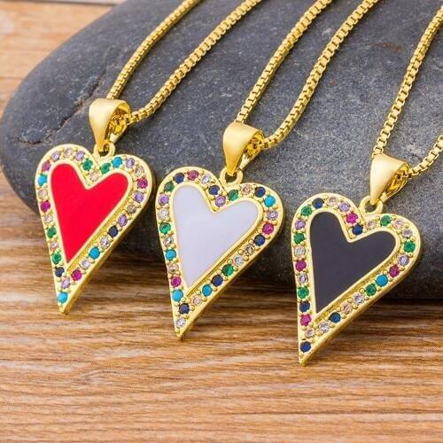 Wholesale Red White Black Heart Pendant Choker Necklace Gold Chain Charm Rainbow CZ Rhinestone Necklace For Women Girls Jewelry